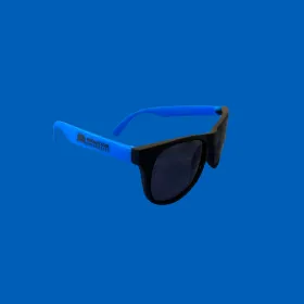 Sunglasses with blue sides and black frong.