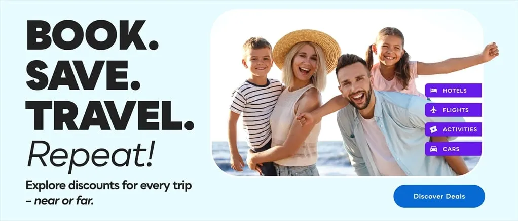 Graphic for travel: Book. Save. Travel. Repeat. Explore discounts for every trip-near and far