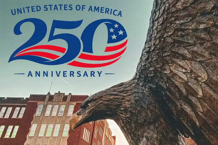 photo of eagle sculpture with america 250 logo