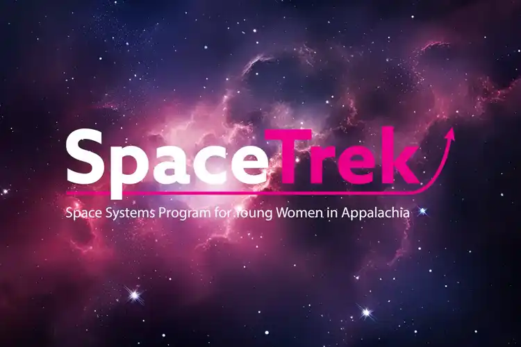 Galaxy image with pink and white universe; SpaceTrek logo over laid in white and pink