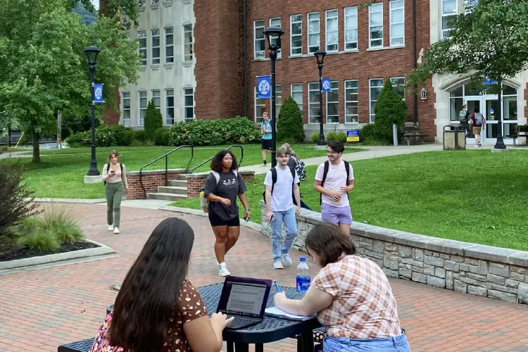 Students walk on campus.