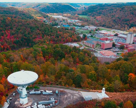 Aerial shot of campus in fall.